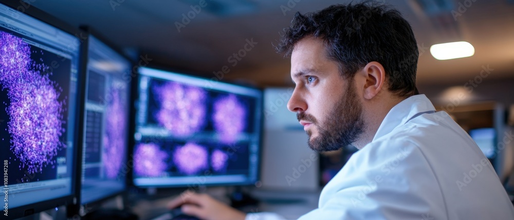 Poster scientist analyzing data on multiple computer screens in a laboratory setting