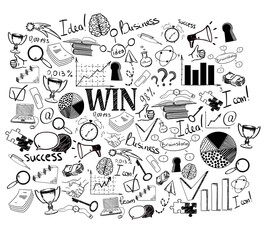 Hand-drawn sketch of business and success icons, including charts, trophies, stairs, and books on a white background. Concept of brainstorming and achievement