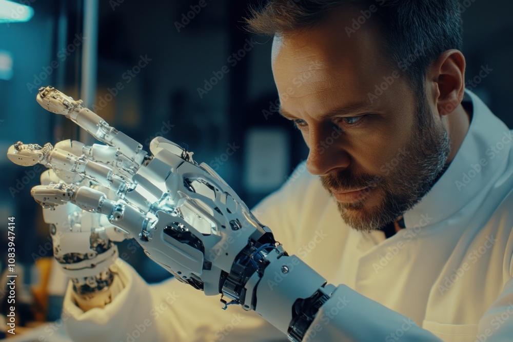 Poster robotics engineer calibrating and adjusting futuristic bionic prosthetic hand