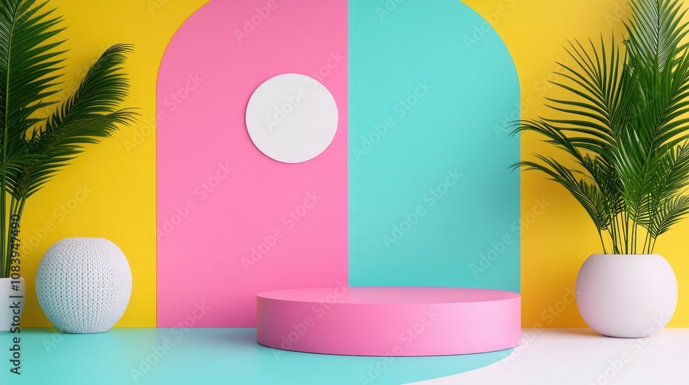 Poster vibrant product set against a backdrop of playful abstract shapes in a minimalist studio mockup scen