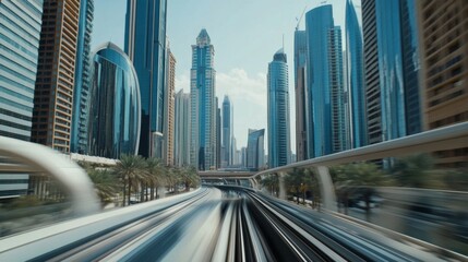 Fototapeta premium Dynamic Urban Landscape with Skyscrapers and Modern Architecture in a Vibrant City in the Heart of Dubai, Showing Motion and Futuristic Development