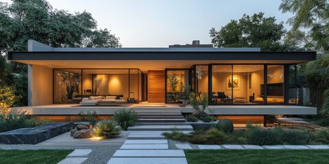 Modern house with large windows, a wooden door, and a paved walkway leading to the front door.