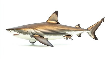Obraz premium Realistic shark model depicted in a dynamic pose, showcasing details for educational use, marine life exhibits, and ocean-themed projects