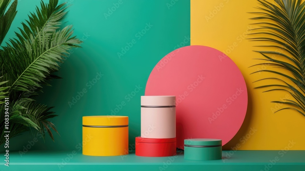 Poster vibrant product set against a playful abstract background with geometric shapes in a creative studio