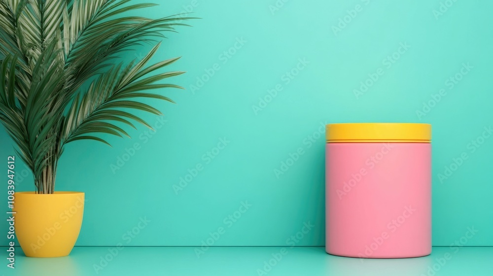 Poster vibrant product set against a backdrop of playful abstract shapes in a minimalist studio style mocku