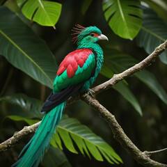 Obraz premium The resplendent quetzal, with vibrant emerald green and red feathers and iridescent tail