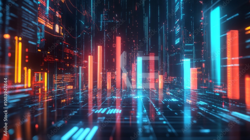 Fototapete futuristic digital cityscape with neon lights and data patterns in a 3d virtual environment, represe