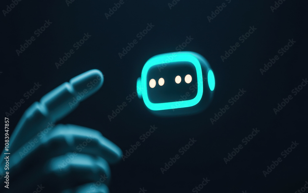 Poster futuristic chatbot interacts with human hand in dark setting, showcasing technology and communicatio