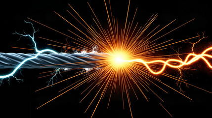 Intense Close-Up of Fractured Electric Wire with Sparks, Representing Disruption in Power Supply