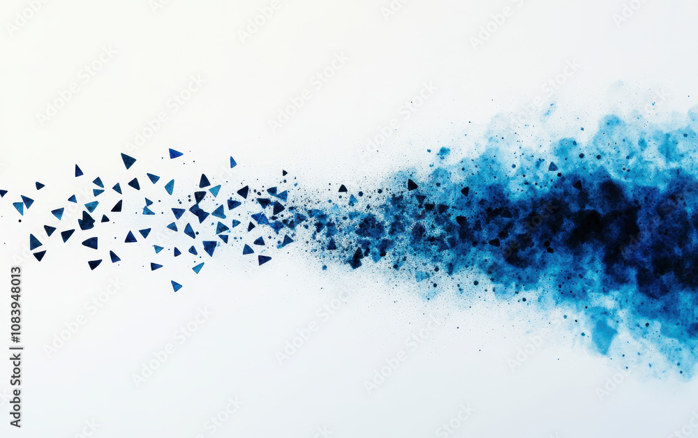 Poster abstract blue particles dispersing in dynamic flow, creating sense of movement and energy. this visu