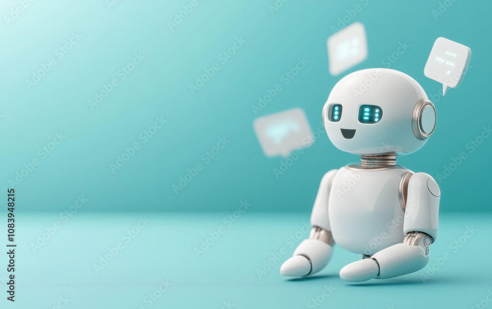 Poster friendly chatbot robot with smiling face, sitting against teal background, surrounded by floating sp