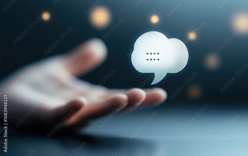 Poster hand reaching out towards digital chat bubble, symbolizing communication and technology. image conve
