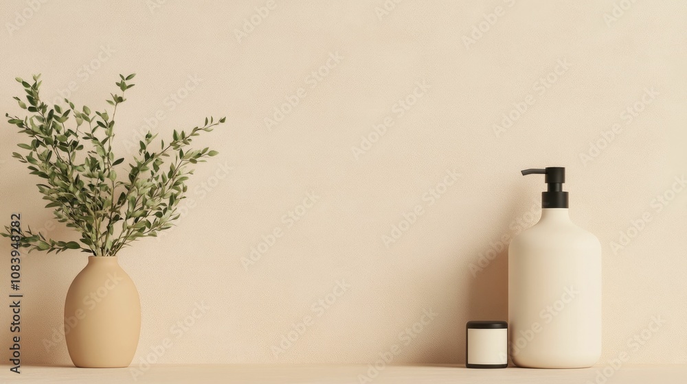 Poster stylized minimalist product mockup featuring a neutral monochromatic color scheme with a vase of pla