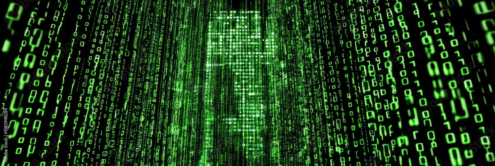 Poster a digital representation of binary code cascading in green, reminiscent of a virtual reality theme.