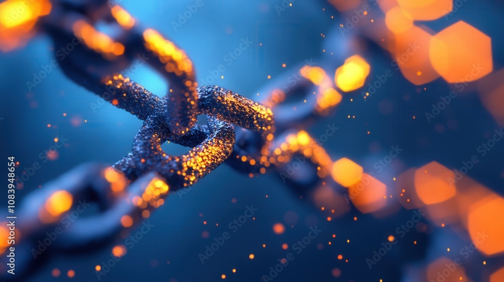 Poster close-up of a metallic chain with glowing bokeh background