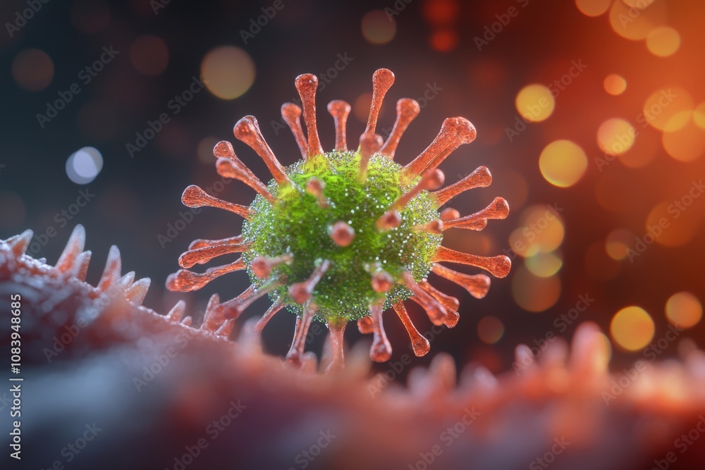 Poster close-up of a virus with spikes on a colorful background