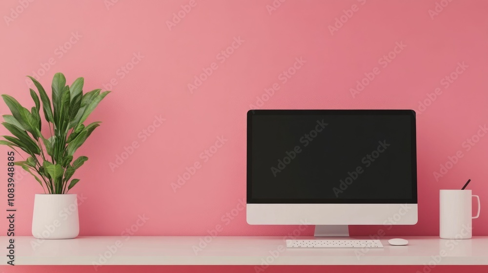 Poster mockup of a modern and minimalist desktop setup with animated and interactive user interface element