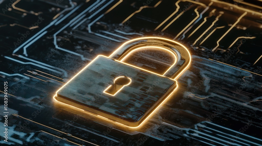 Poster a glowing padlock symbol on a digital circuit background, representing security and protection.