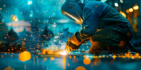 Imagen de un hombre trabajando en la industria soldando un metal con guantes y careta