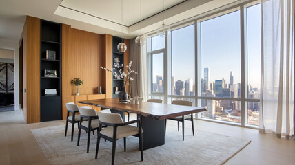 Fototapeta premium Luxury Apartment Dining Room City View Modern Design Wooden Table