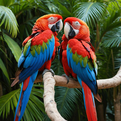 Naklejka premium A majestic parrot with vibrant red and blue feathers