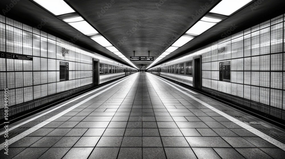 Aufkleber minimalistic subway platform with symmetrical lines and modern architecture, showcasing monochrome p