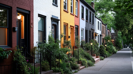 Fototapeta premium A row of colorful brick townhouses with lush greenery along the sidewalk in a quiet residential neighborhood during evening time.