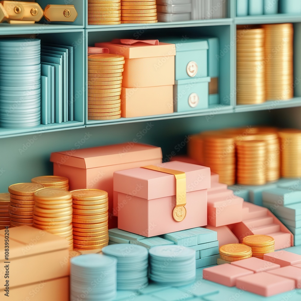 Poster a vibrant display of colorful boxes and stacks of coins arranged neatly on shelves, creating a visua