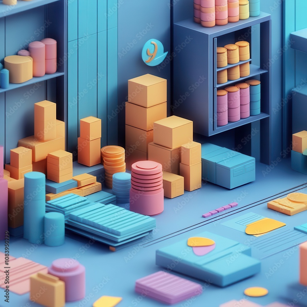 Poster a colorful 3d scene featuring abstract geometric shapes and organized stacks, creating a playful and