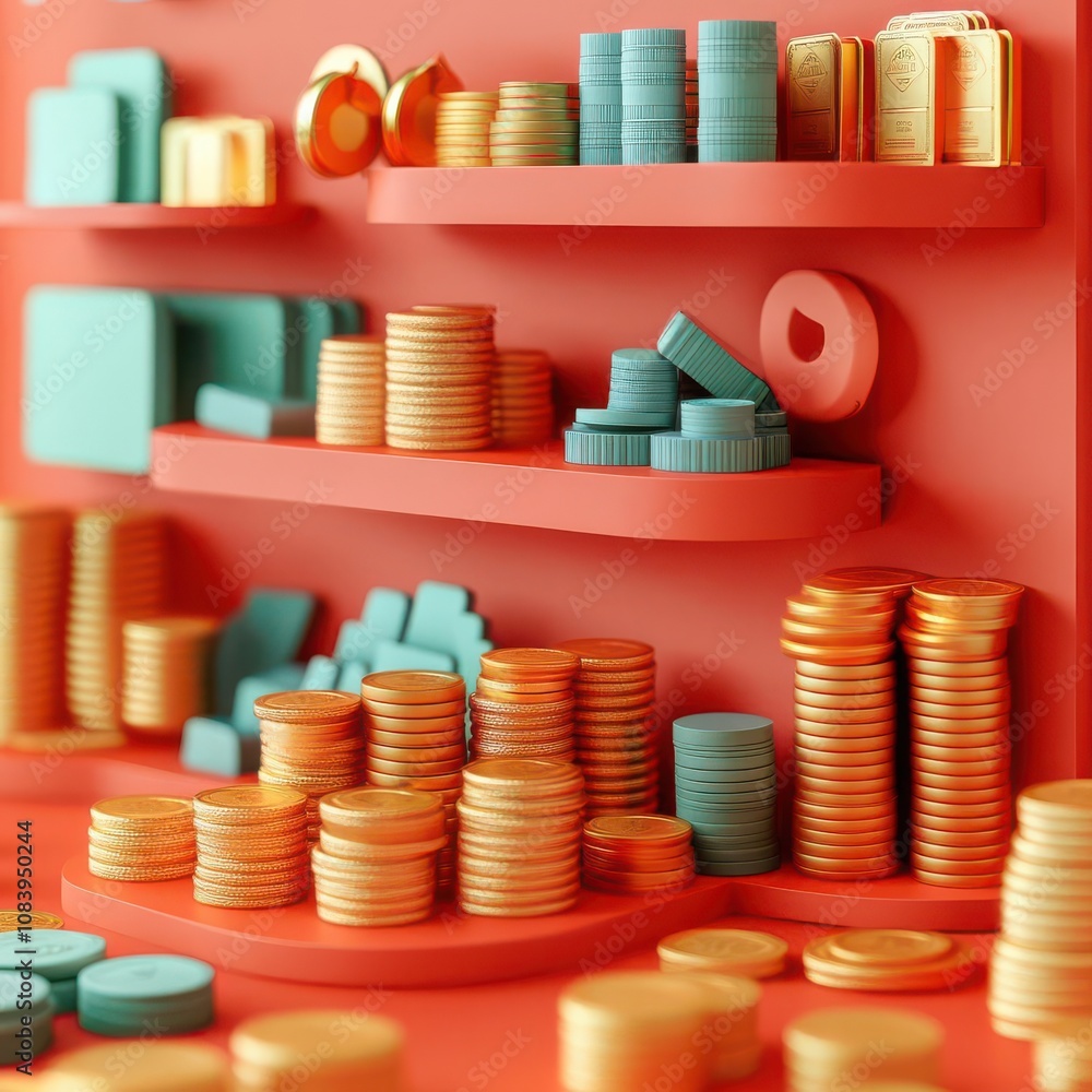 Poster a colorful display of stylized coins and shapes arranged on shelves, creating a vibrant and abstract
