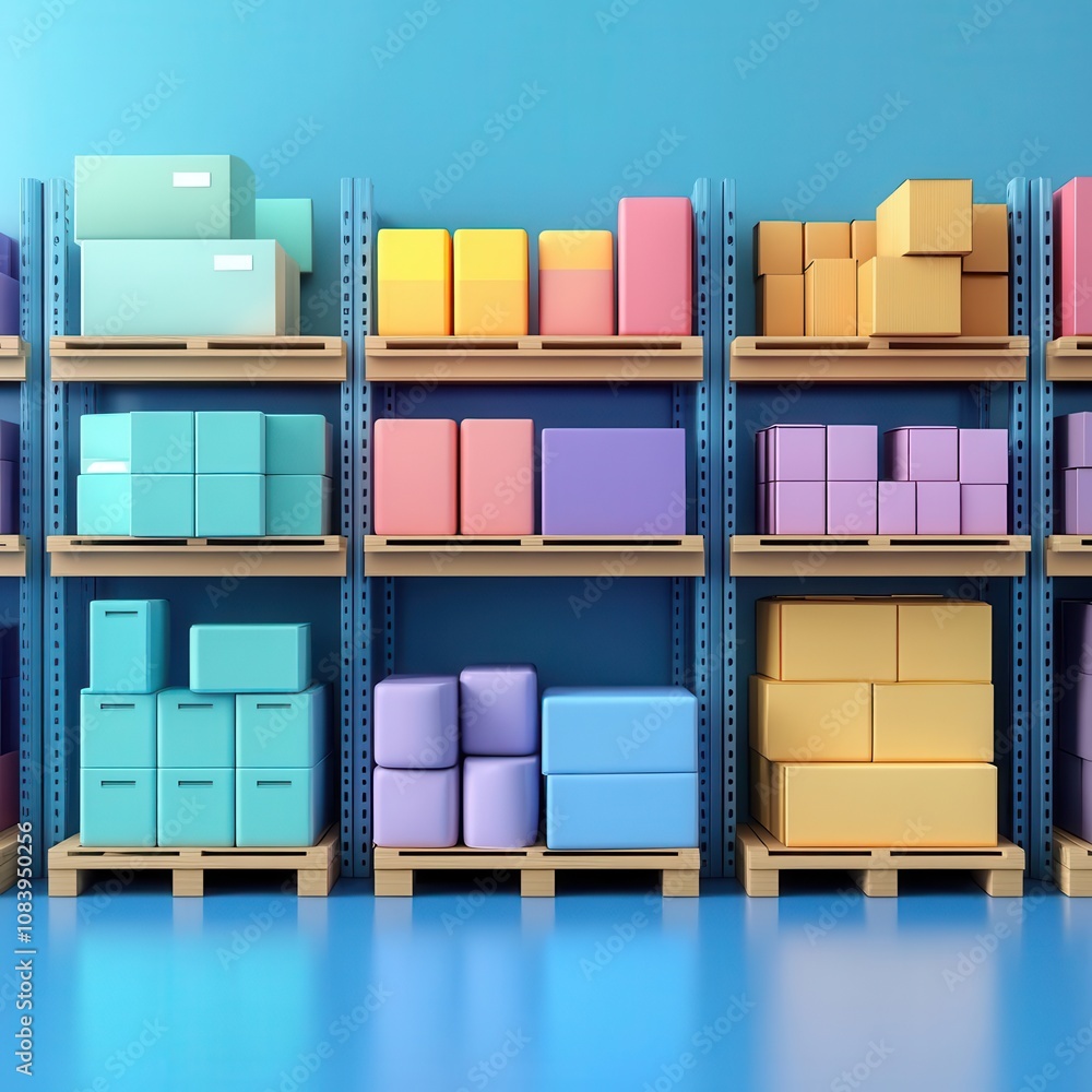 Poster a colorful array of neatly organized storage boxes on shelves, showcasing a variety of shapes and si