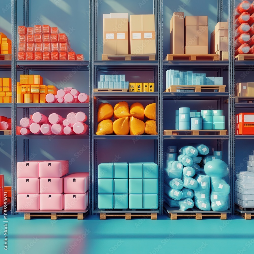 Poster colorful shelves filled with various neatly stacked boxes and containers, showcasing a vibrant and o
