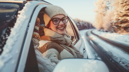 An excited female tourist was driving alone, enjoying the freedom of a road trip. A woman's joy and freedom in winter shows her love for life and her anticipation for new adventures.