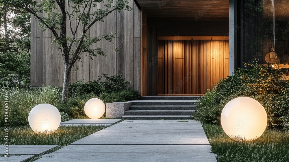 Poster here's a possible and keyword list for your stock photo.. modern home entrance with illuminated sphe