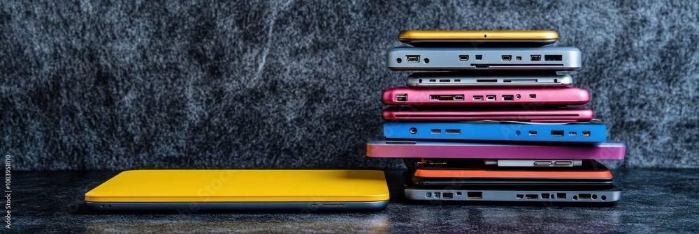 Poster a stack of colorful laptops and a yellow device on a textured surface.