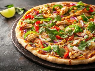 Delicious chicken pizza restaurant kitchen food photography cozy environment close-up view culinary experience