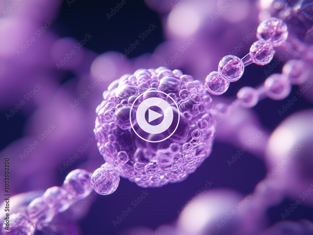 Poster abstract representation of molecular structures with bubbles and a play button