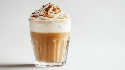 Frosty glass of iced coffee with whipped milk foam, minimalist presentation on white