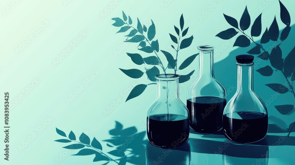 Poster here's a description and keywords for your stock photo.. three glass flasks filled with dark liquid,