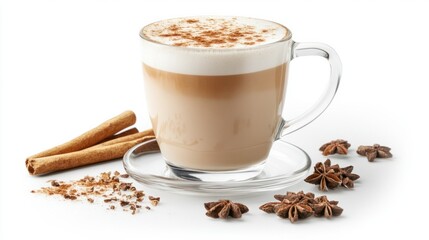 Glass of chai latte with frothy milk foam, perfectly presented on a clean white background