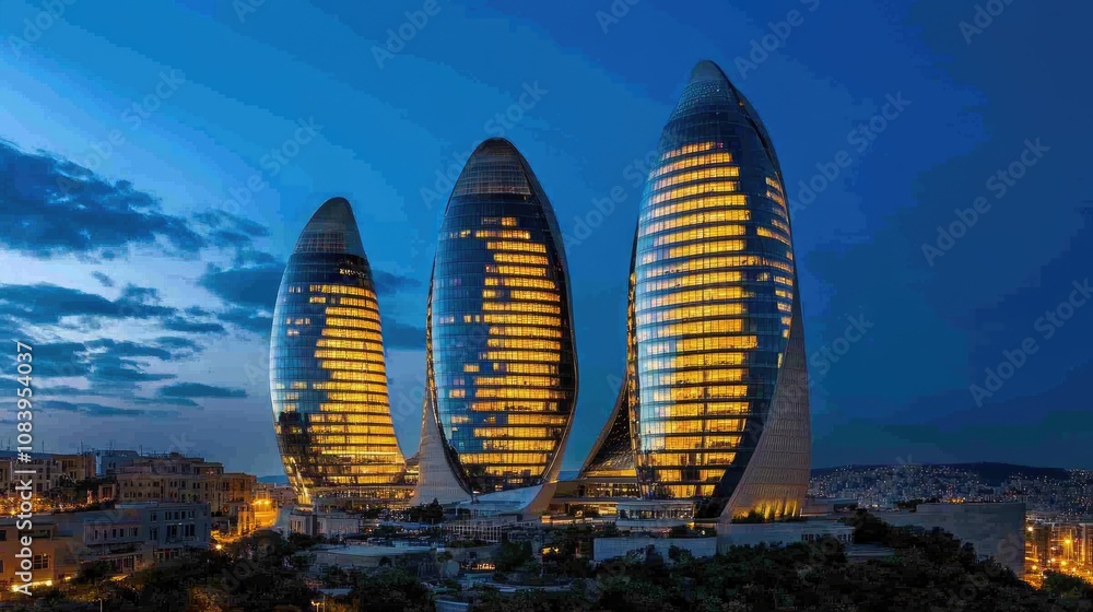Poster here's a possible response following your specifications.. three illuminated, modern, curved skyscra