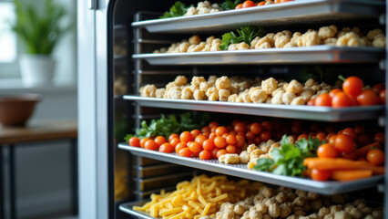 Obraz premium An assortment of frozen vegetables inside a large commercial freeze-drying machine, ready for preservation and storage.