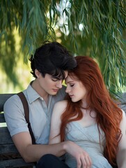 Romantic embrace park bench portrait natural setting close-up intimacy