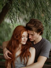 Couple embracing in nature park romantic moment serene environment close-up view connection