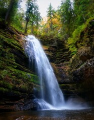 Obraz premium Cascada en medio de un bosque frondos, vista a ras de a cascada