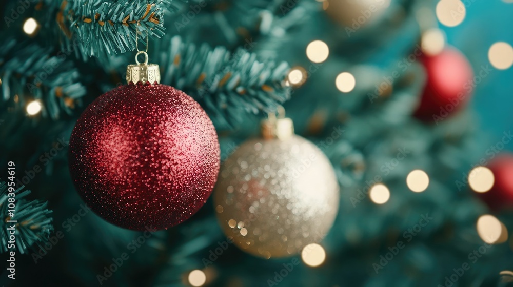 Aufkleber shiny red and gold baubles hanging on a christmas tree with soft focus twinkling lights creating a c