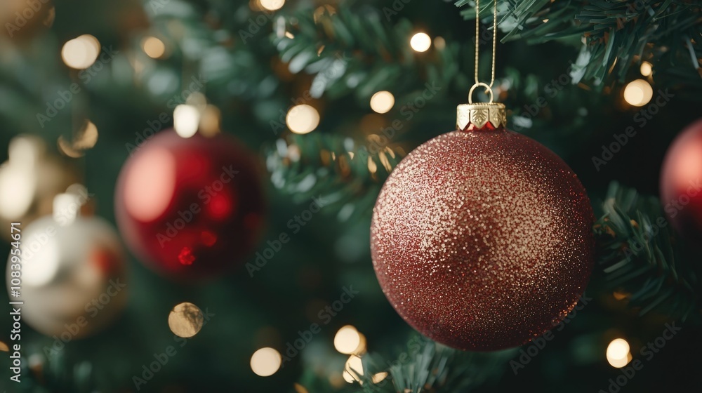 Poster shimmering red and gold christmas tree baubles with soft lighting and festive bokeh effect creating 