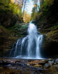 Fototapeta premium Cascada en medio de un bosque frondos, vista a ras de a cascada