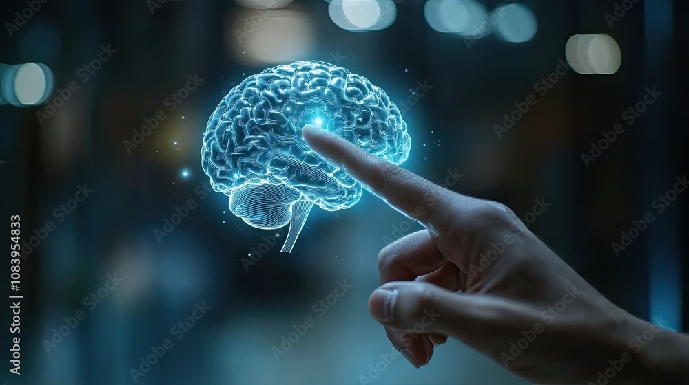 Poster here's a and keyword list for your stock image.. hand interacting with a glowing 3d brain model, hig