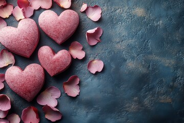 Obraz premium Romantic border with four velvet pink hearts, delicate rose petals, and a textured dark blue background - ideal for valentine's day messages